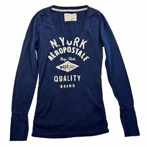 YK2 Aeropostale Waffle Knit Embroidered Logo Thermal Top Long-Sleeve Sz L Navy